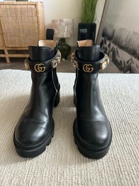 Gucci Black Leather Ankle Boots with Gold GG and Jeweled Strap